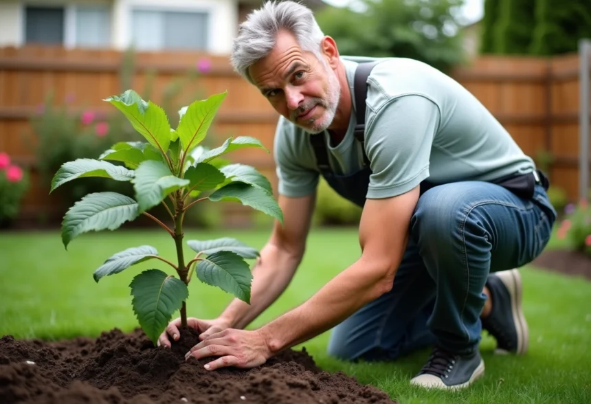 Homme d'âge moyen plantant un jeune figuier dans un jardin