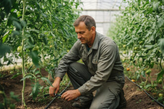 Homme inspectant des plants de tomates dans une serre