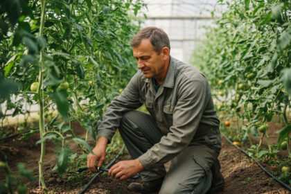 Homme inspectant des plants de tomates dans une serre