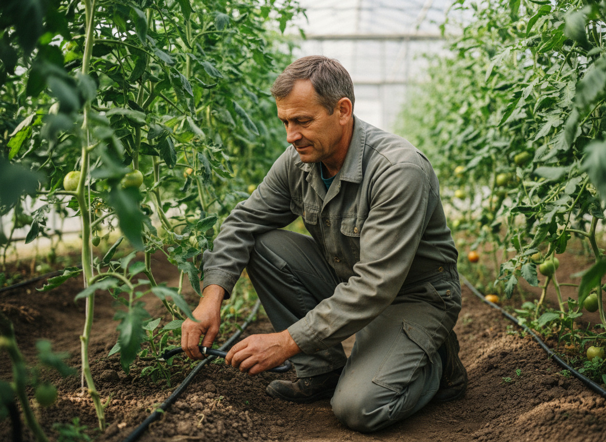 Homme inspectant des plants de tomates dans une serre