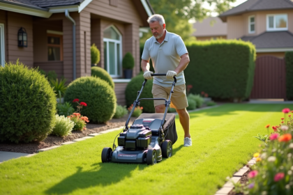 Homme d'âge moyen poussant une tondeuse dans un jardin bien entretenu