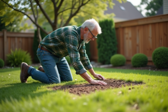 Homme d'âge moyen en jeans et chemise à carreaux vert en train d'épandre de l'engrais dans la pelouse