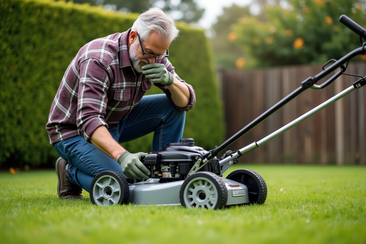 Homme inspectant une tondeuse moderne dans un jardin
