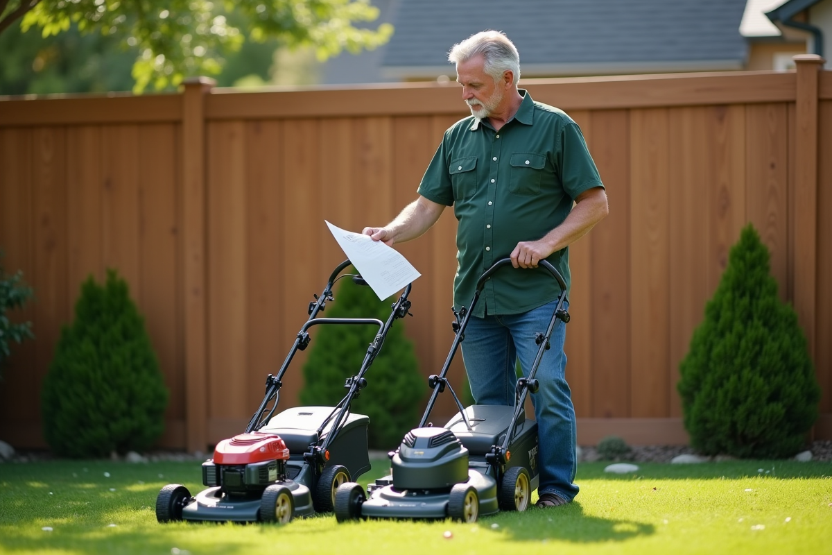 Homme examine deux tondeuses électriques dans son jardin