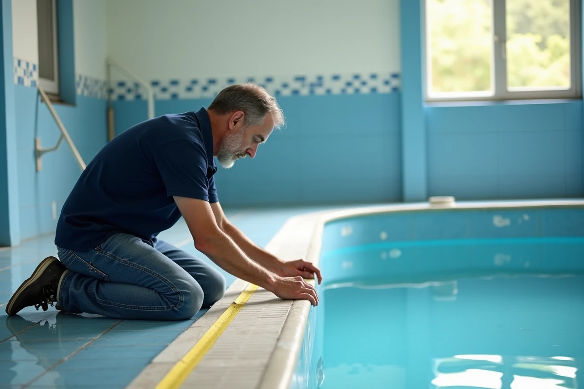 Homme mesurant la piscine intérieure avec un ruban
