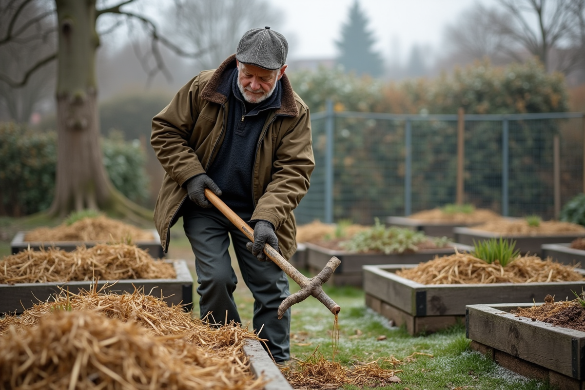 Homme âgé avec chapeau en laine mulchant le potager