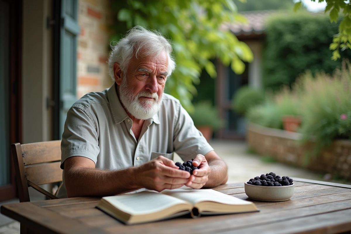 Homme âgé examinant des mûres dans un jardin en terrasse