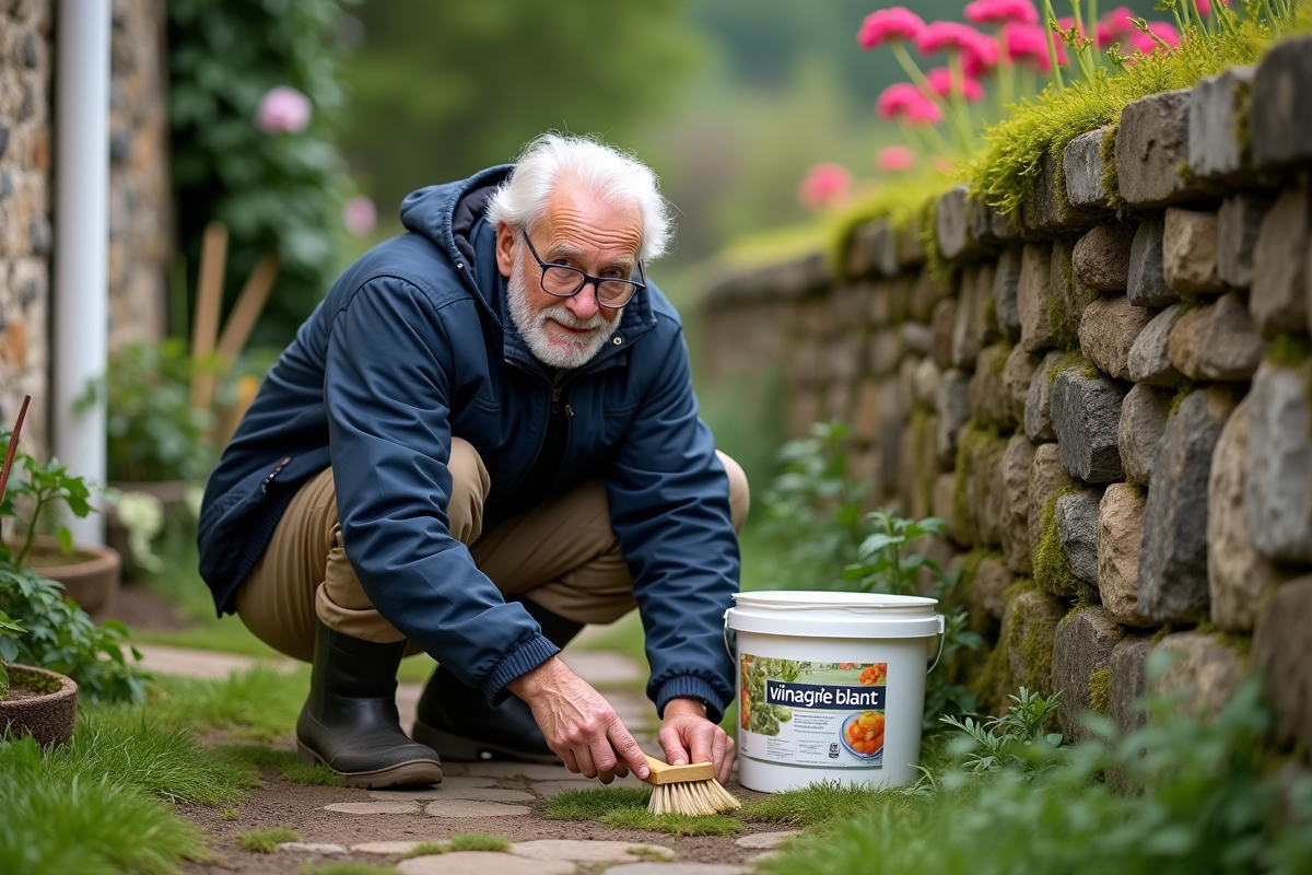 Homme âgé nettoyant la mousse sur un vieux mur de pierre