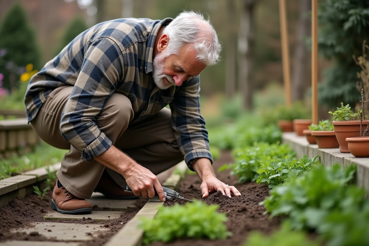 Homme âgé préparant une rangée de jardin avec un transplantoir