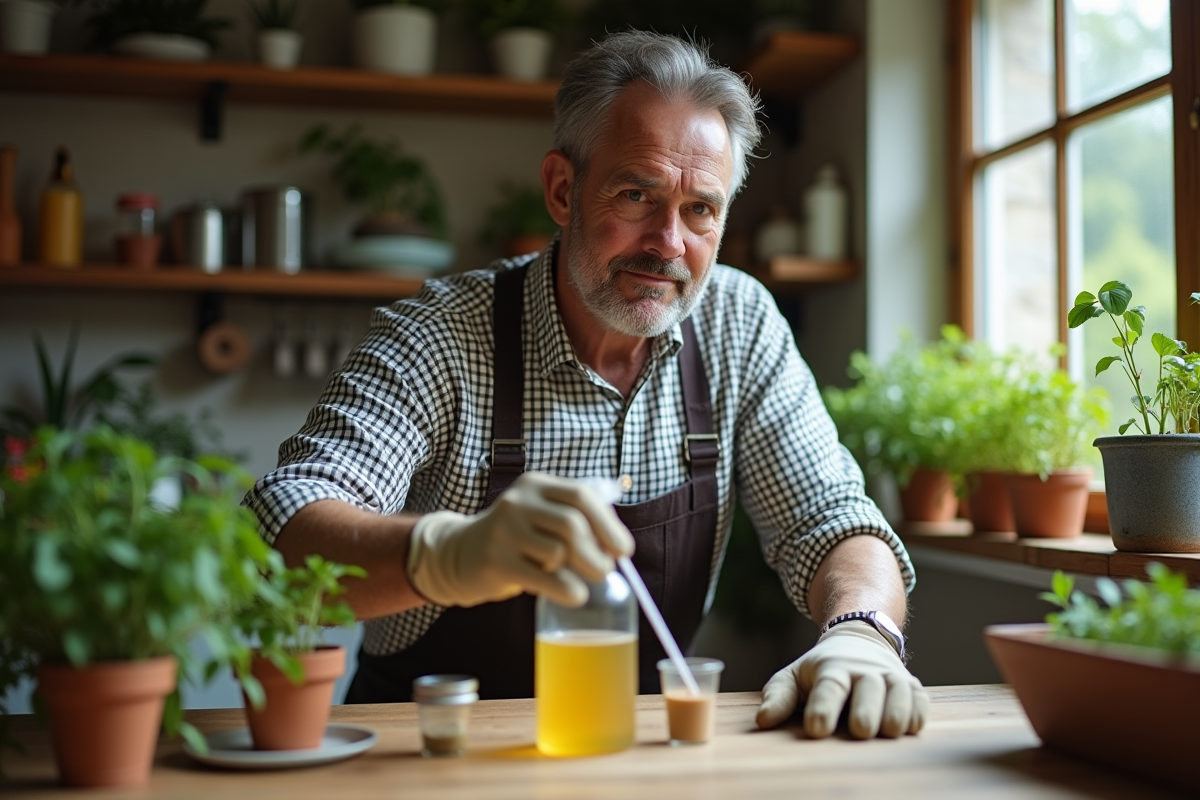 Homme préparant un spray antiaphidique dans la cuisine chaleureuse