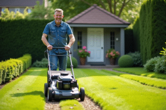 Homme d'âge moyen poussant une tondeuse dans le jardin