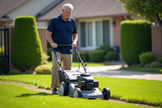 Homme d'âge moyen poussant une tondeuse dans le jardin