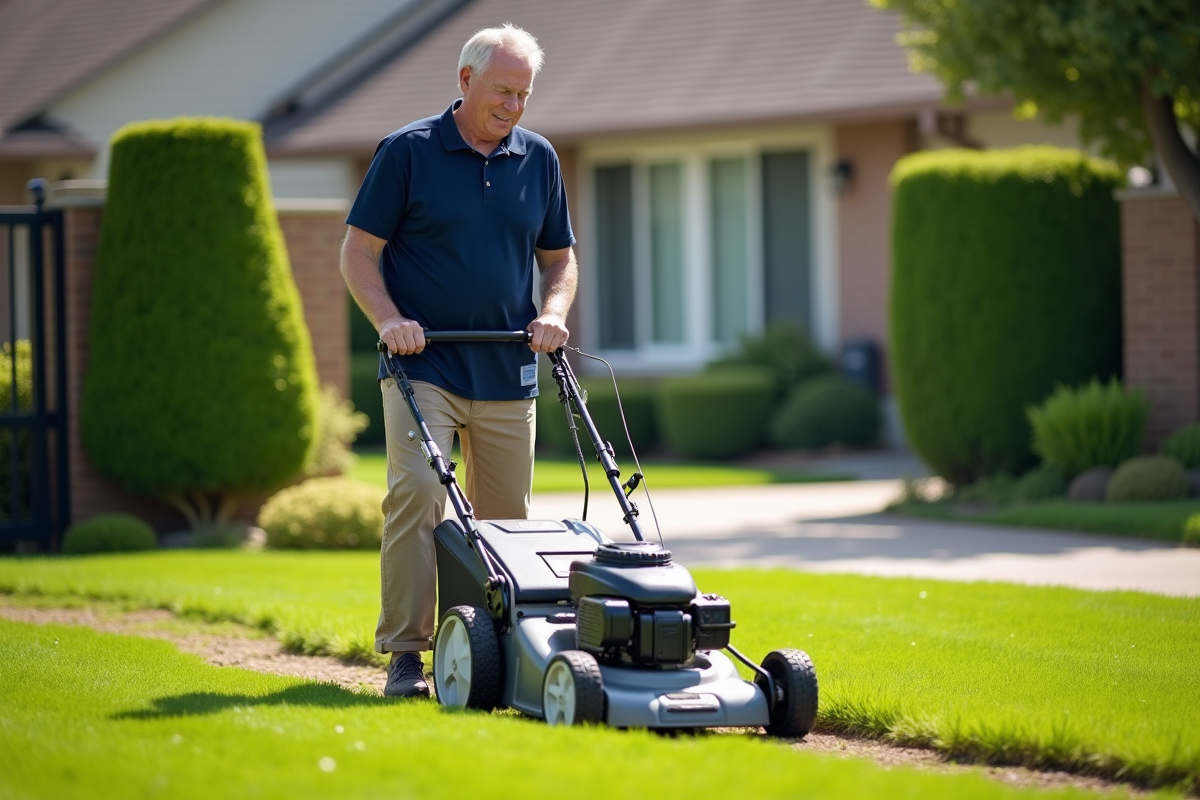 Homme d'âge moyen poussant une tondeuse dans le jardin