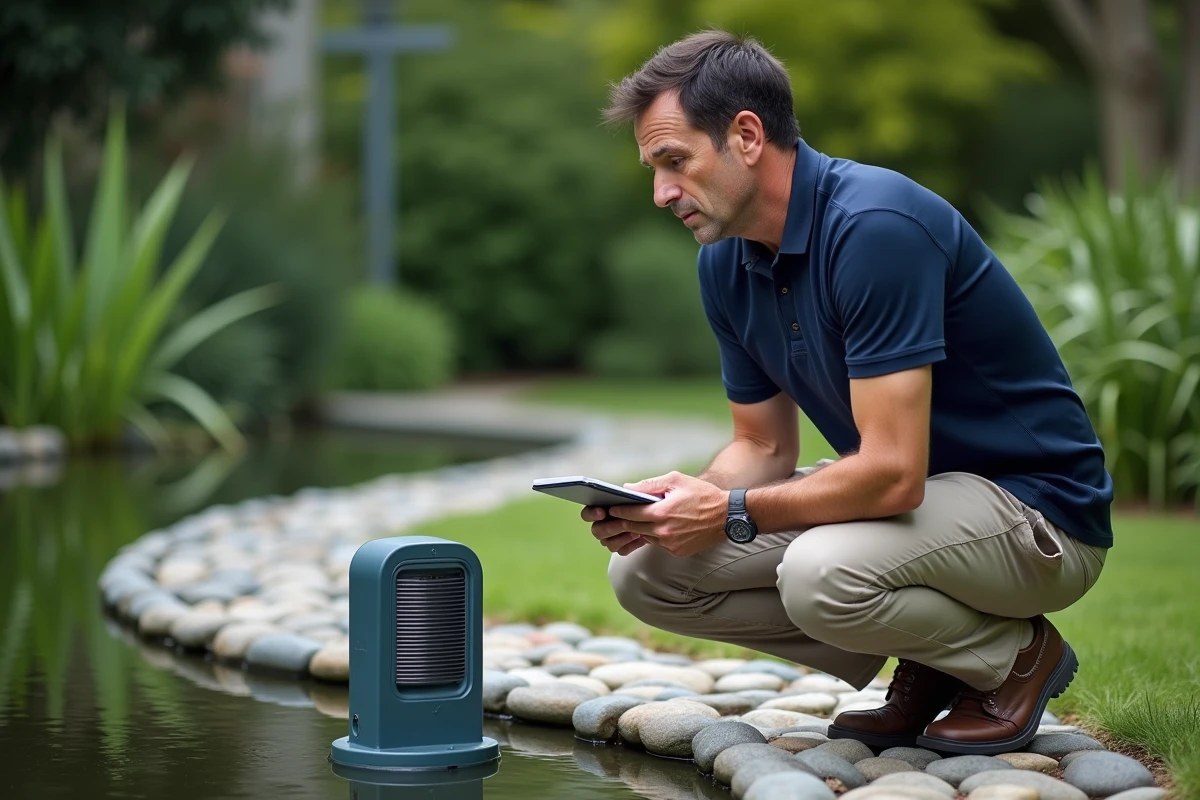 Homme observant un piège à moustiques Alexandre Réant près d'un bassin de jardin lors d'un test terrain