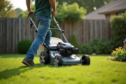 Homme d'âge moyen poussant une tondeuse moderne dans son jardin