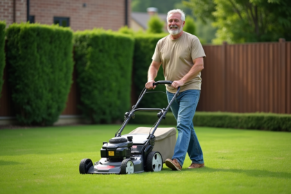 Homme d'âge moyen utilisant une tondeuse moderne dans le jardin