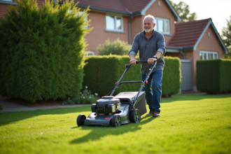 Homme d'âge moyen poussant une tondeuse moderne dans un jardin