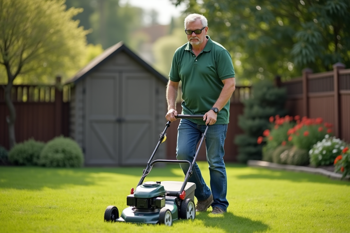 Homme d'âge moyen tondant la pelouse dans un jardin