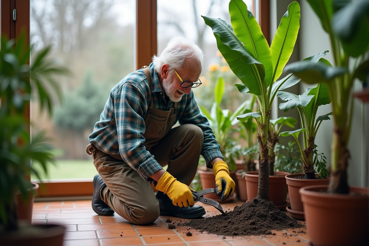 Homme âgé taillant un bananier en pot dans une serre lumineuse