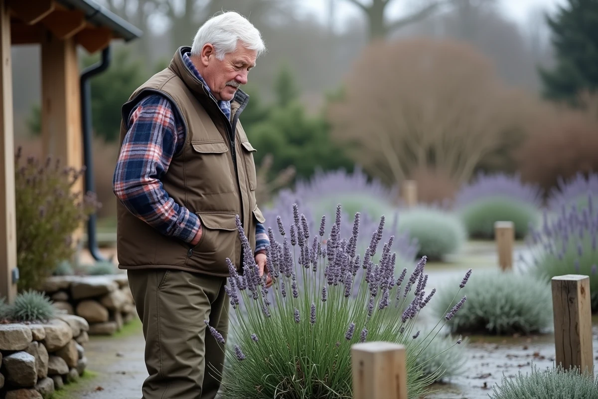 Homme inspecte une lavande en hiver dans le jardin