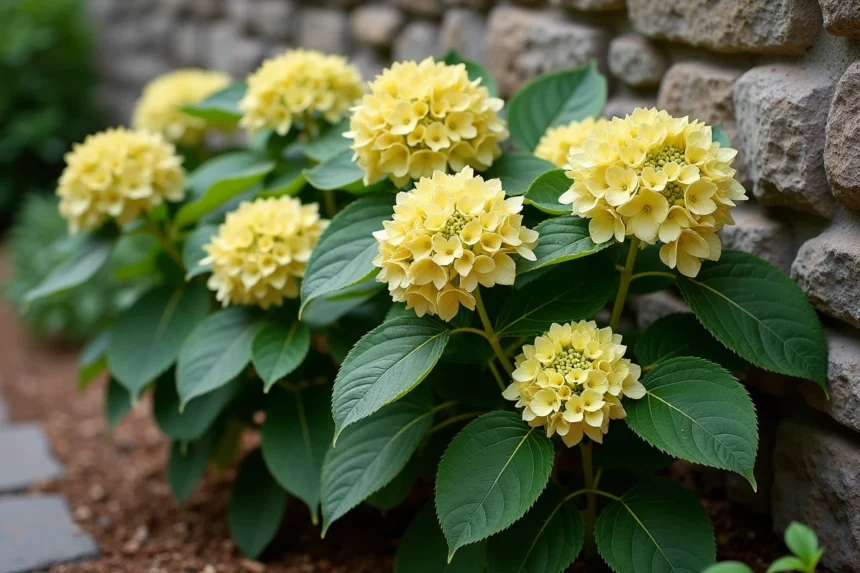 Hortensia aux feuilles jaunissantes poussant contre un mur en pierre, montrant l'impact du microclimat sur le feuillage