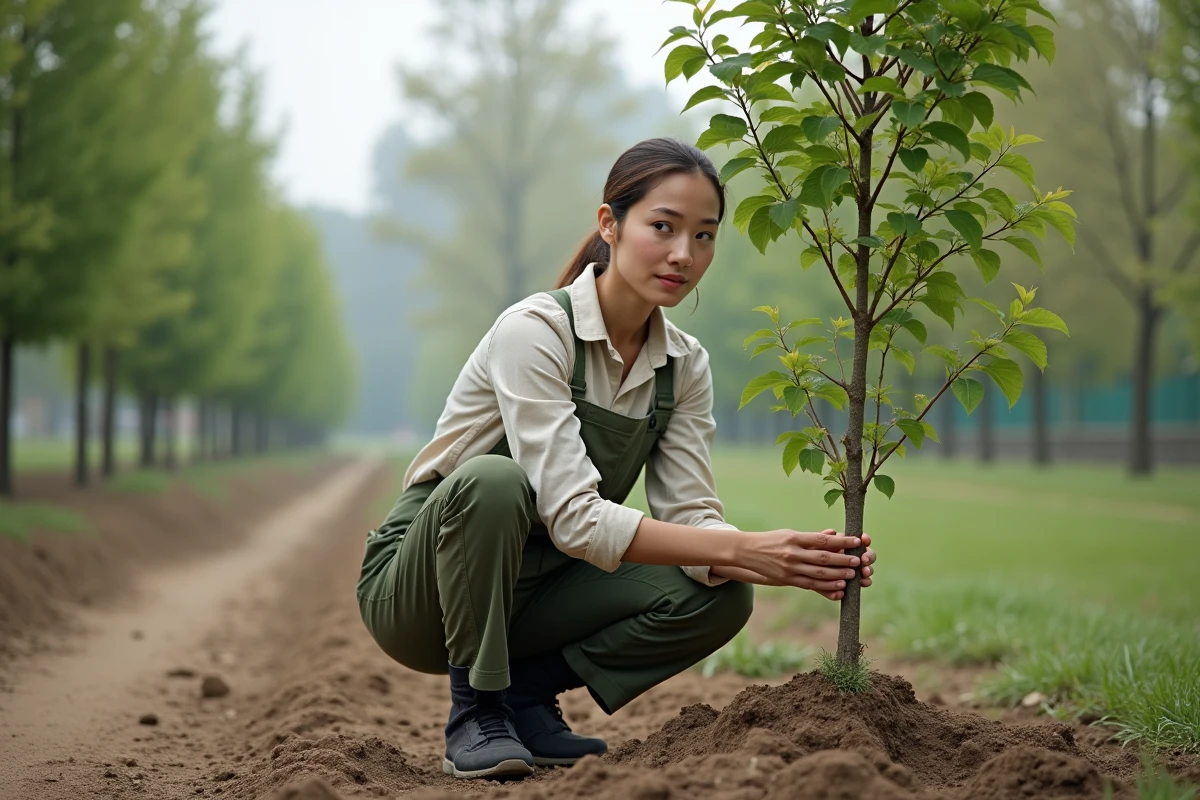 Horticultrice française inspectant un jeune plant de lilas du Japon fraîchement planté dans un parc urbain