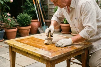 Homme appliquant de l'huile de teck sur une surface partiellement vernie d'une table de jardin en teck