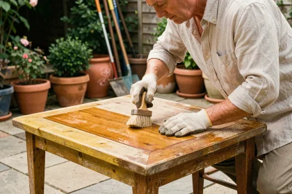Homme appliquant de l'huile de teck sur une surface partiellement vernie d'une table de jardin en teck