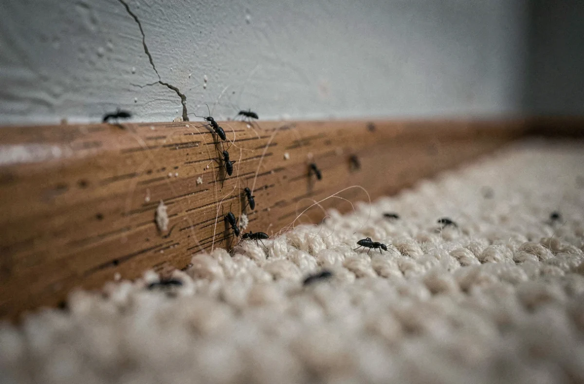 Petits insectes noirs visibles au niveau de la plinthe et du tapis dans une chambre à coucher