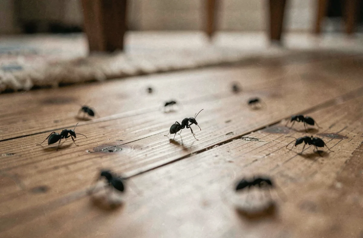 Petites bêtes noires qui sautent sur un plancher en bois, vue au ras du sol dans un intérieur domestique