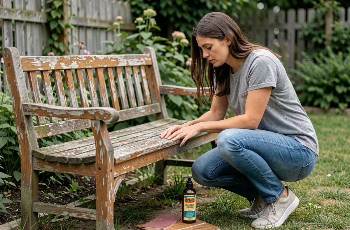 Femme inspectant un banc de jardin en teck verni abîmé avant traitement à l'huile