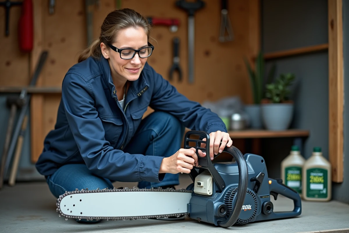 Femme inspectant la lubrification de chaîne d'une tronçonneuse électrique dans un abri de jardin rangé