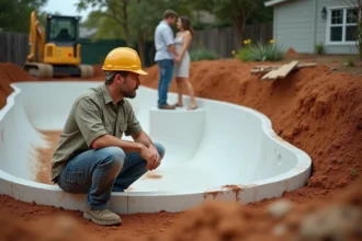 Professionnel guidant des propriétaires lors de l'installation d'une piscine coque en auto-construction dans un jardin en chantier