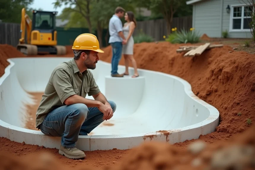 Professionnel guidant des propriétaires lors de l'installation d'une piscine coque en auto-construction dans un jardin en chantier