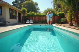 Couple admirant leur piscine coque nouvellement installée dans un jardin suburban avec dallage en béton simple