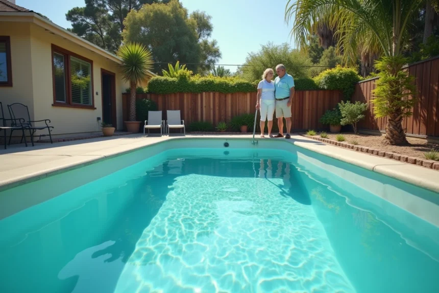 Couple admirant leur piscine coque nouvellement installée dans un jardin suburban avec dallage en béton simple