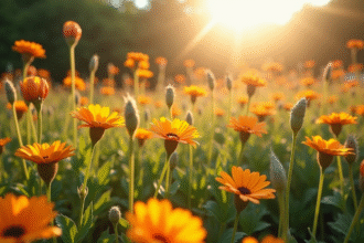 Jardin ensoleille avec fleurs en U en gros plan