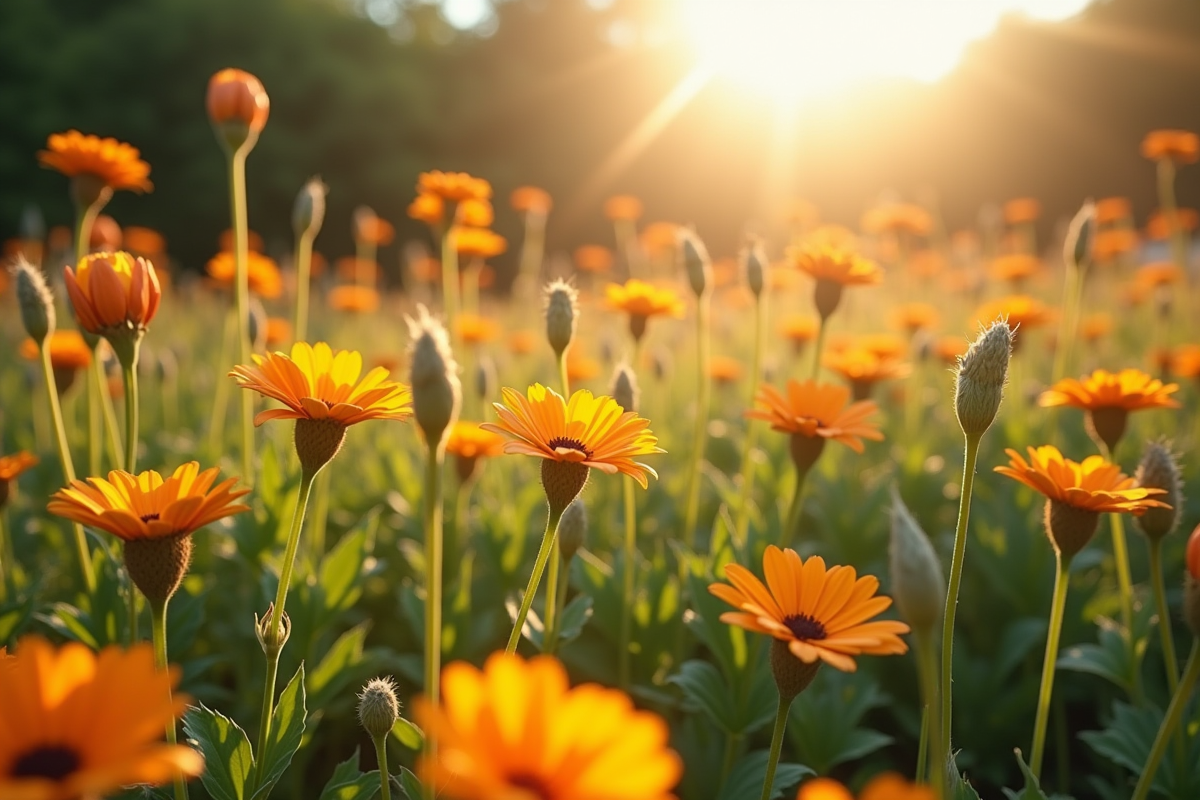Jardin ensoleille avec fleurs en U en gros plan