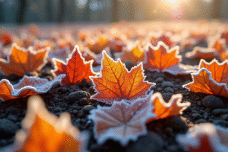 Jardin recouvert de givre avec feuilles d'automne colorées