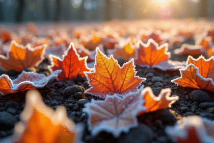 Jardin recouvert de givre avec feuilles d'automne colorées