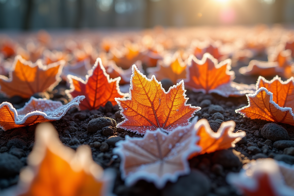 Jardin recouvert de givre avec feuilles d'automne colorées