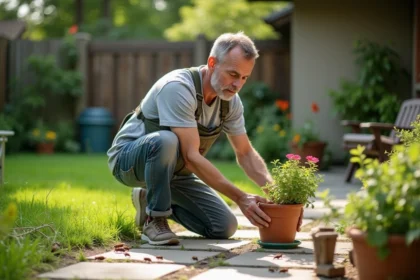 Homme d'âge moyen dans un jardin verdoyant avec des insectes