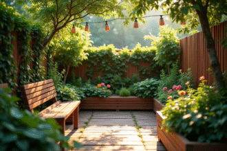 Petit jardin urbain avec banc en bois et plantes vertes