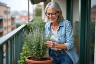 Femme prune un sage sur son balcon urbain en denim