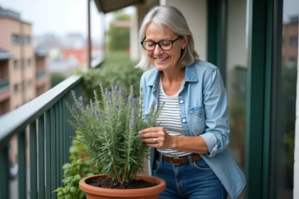 Femme prune un sage sur son balcon urbain en denim
