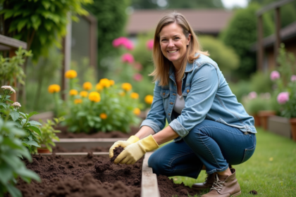 Femme au jardin compostant avec un fourche dans un jardin luxuriant