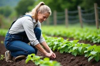 Femme en salopette vérifiant jeunes haricots dans le jardin