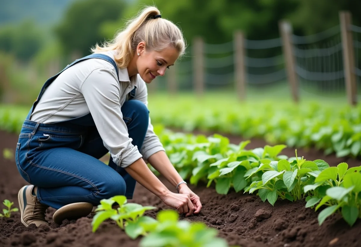 Femme en salopette vérifiant jeunes haricots dans le jardin