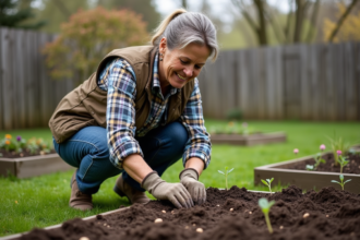 Femme en jardinage semant dans un potager au printemps