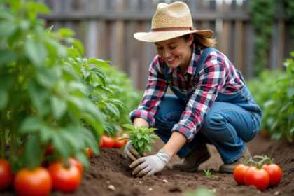 Femme jardinant entre tomates et basilic dans un jardin